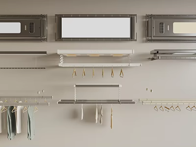 Modern Wardrobe Interior With Different Types Of Metal Clothes Hangers And Hanging Rods 3d model