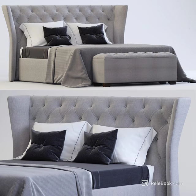 Modern Double Bed With Tufted Headboard Black And White Pillows And Bed Bench 3d model