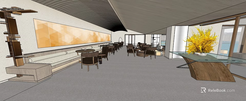 Modern Hotel Lobby Interior With Comfortable Seating And Large Decorative Wall Art 3d model 
