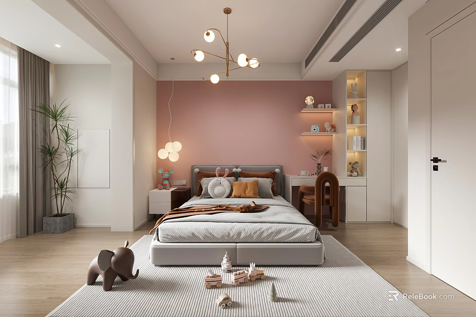 Modern Kids Bedroom With Pink Wall And Toys 3d model 