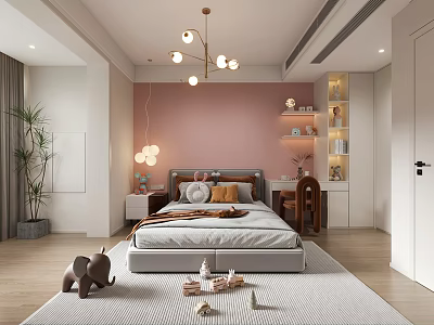 Modern Kids Bedroom With Pink Wall And Toys 3d model
