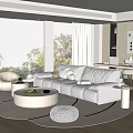 Cream Style Home Guest Restaurant Fabric Sofa Coffee Table Combination Round Coffee Table Desk and Chair Combination Leisure Sofa Chair Floor-to-ceiling Window Decoration Ornaments 3d model