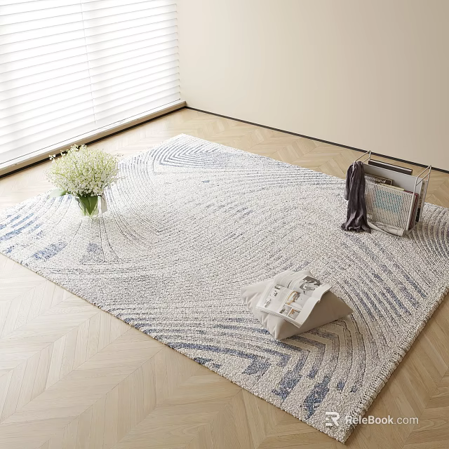 Square Rug with Blue and White Wavy Patterns on Wooden Floor Featuring Vase White Flowers and Magazines 3d model 
