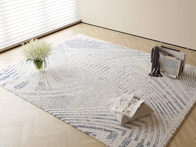 Square Rug with Blue and White Wavy Patterns on Wooden Floor Featuring Vase White Flowers and Magazines 3d model