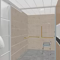 Public Restroom Interior With Tiled Walls Mirror Toilet Sink Yellow Grab Bars And Glass Partition