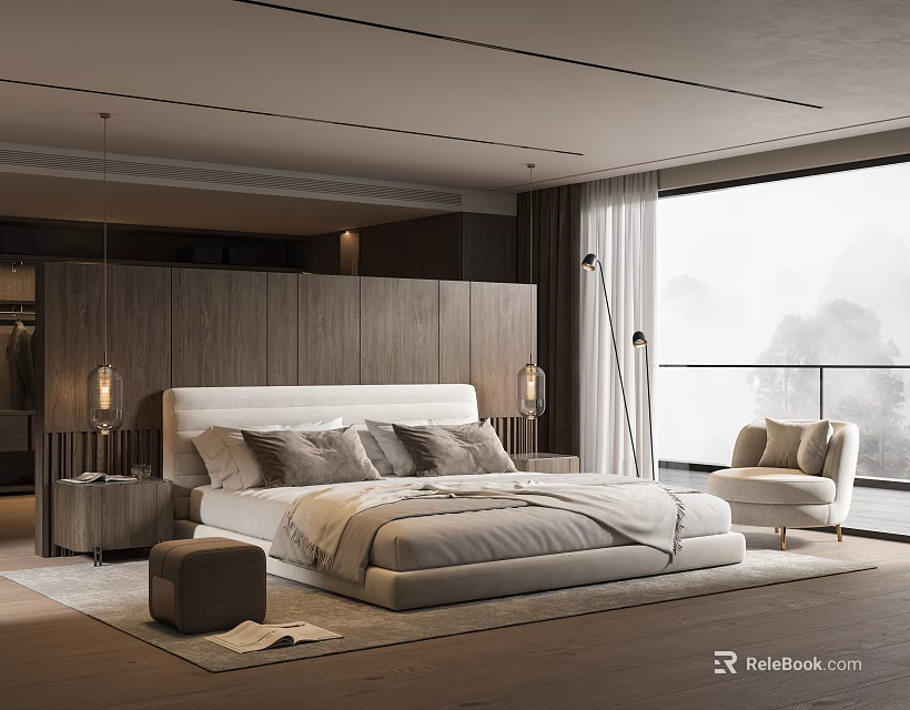 Modern Bedroom Interior Design With Upholstered Headboard Nightstands Floor Lamp And Large Window 3d model 