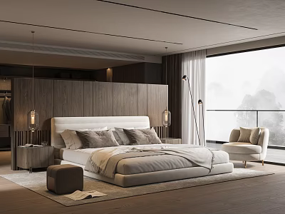 Modern Bedroom Interior Design With Upholstered Headboard Nightstands Floor Lamp And Large Window 3d model