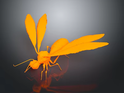Orange Insect With Large Wings On Dark Reflective Background Surface 3d model