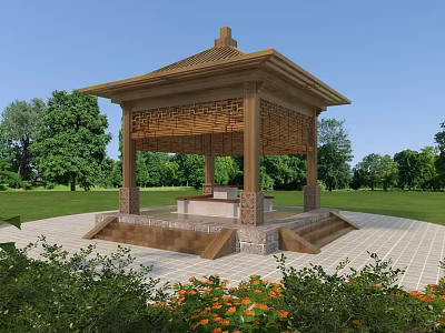 Chinese Style Wooden Pavilion With Tiled Roof Steps In Green Lawn And Flowers 3d model