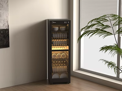Modern Black Upright Kitchen Appliance with Illuminated Shelves for Plates and Glasses 3d model