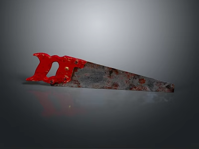Vintage Rusty Hand Saw with Red Handle on Gray Gradient Background and Reflection 3d model