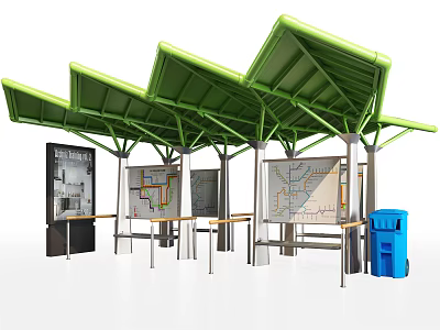 Modern Bus Station With Green Canopies Maps Benches And Trash Bin 3d model