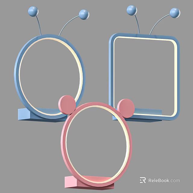 Cute Circular And Square Table Lamps With Pink Blue Ear Like Details 3d model 