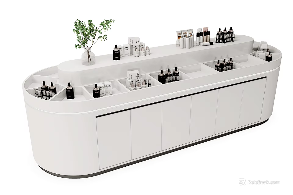 Elegant White Display Shelf Showcasing Various Bottled Products And Green Plant 3d model 
