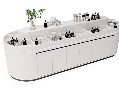 Elegant White Display Shelf Showcasing Various Bottled Products And Green Plant 3d model