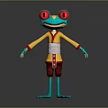 Animated Frog Character With Red Large Eyes Blue Body Yellow Top And Red Shorts