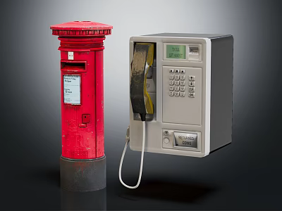 Red Postbox And Gray Public Telephone Booth Classic Urban Street Items 3d model