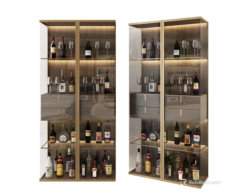 Modern Wine Cabinet With Gold Frame Glass Doors And Wine Bottles Glassware Storage 3d model 