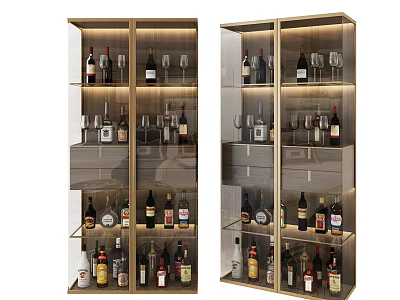 Modern Wine Cabinet With Gold Frame Glass Doors And Wine Bottles Glassware Storage 3d model