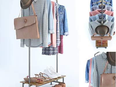 Stylish Clothes Display Featuring Checkered Shirts Denim Jackets Brown Leather Bag And Shoes 3d model