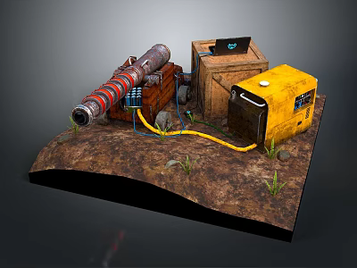 Tactical Weapon Device With Wooden Crate Yellow Generator Cables And Dirt Surface 3d model