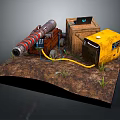 Tactical Weapon Device With Wooden Crate Yellow Generator Cables And Dirt Surface
