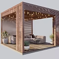 Cozy Semi Open Lounge Space With Wooden Slat Walls Sofa String Lights And Potted Plants
