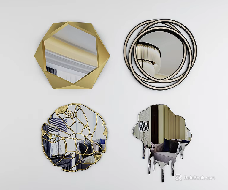 Decorative Mirrors With Geometric Shapes Gold Black Frames For Home Decor 3d model