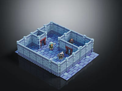 3D Dungeon Room Model Featuring Blue Stone Walls Characters And Furniture 3d model