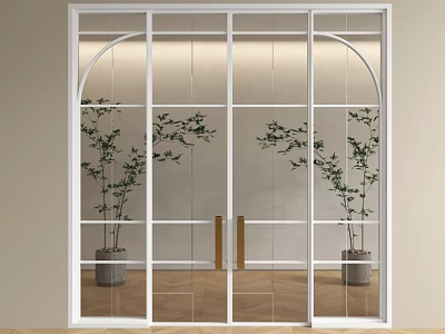 White Framed Glass Sliding Door With Arch Design And Plant Reflections On Wooden Floor 3d model