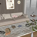 Log Style Double Sofa Decorations Ornaments Hanging Painting Floor Lamp 3d model