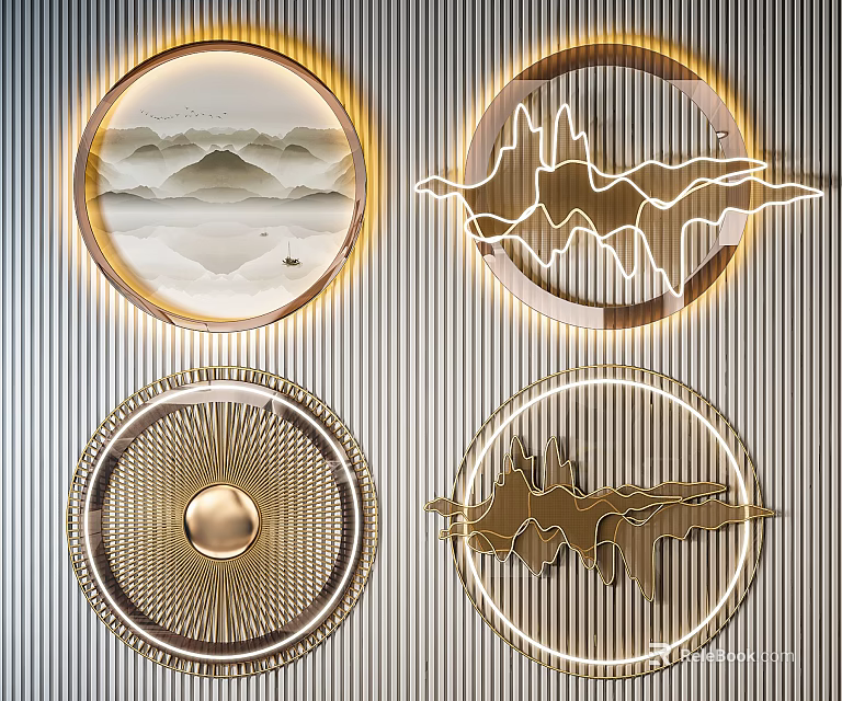 Modern Circular Golden Mountain Pattern Illuminated Decorative Wall Decor Design 3d model