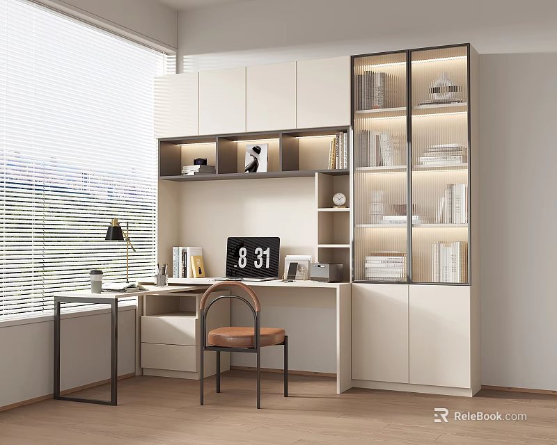 Modern Minimalist Desk With White Cabinets Bookshelves Table Lamp Brown Chair And Window 3d model 