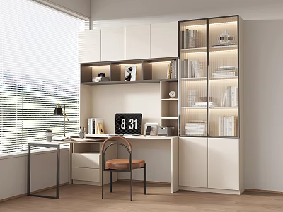 Modern Minimalist Desk With White Cabinets Bookshelves Table Lamp Brown Chair And Window 3d model