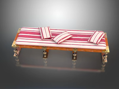 Massage Bed With Red And White Striped Cushions Wooden Frame Metal Legs Detailed View 3d model