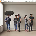 Group of people standing against wall holding black umbrella using smartphones and talking casually 3d model