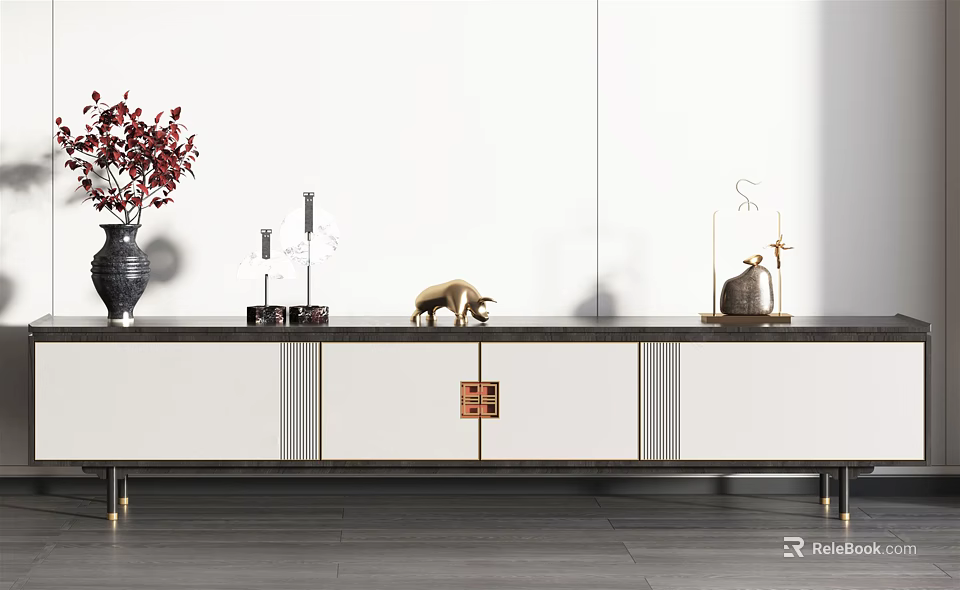 Modern TV Stand with Dark Top White Cabinets Golden Legs and Decorative Vase Sculpture 3d model 