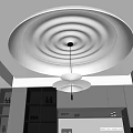 Modern Interior Featuring Circular Ceiling Design With Hanging Pendant Lights And Gray Cabinets 3d model