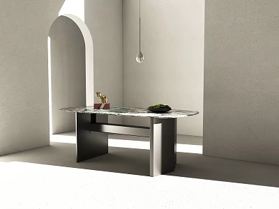Modern Dining Table With Marble Top Metal Frame Decorative Vase Fresh Fruits And Pendant Lamp 3d model