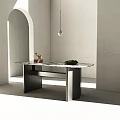 Modern Dining Table With Marble Top Metal Frame Decorative Vase Fresh Fruits And Pendant Lamp