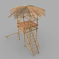 Wooden House With Thatched Roof Bamboo Structure Ladder And Outdoor Platform Design