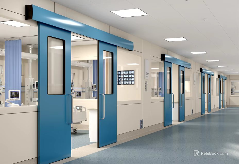 Bright Hospital Corridor With Blue Automatic Doors White Walls And Ceiling Lights 3d model 