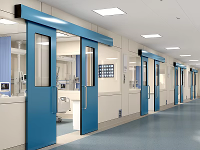 Bright Hospital Corridor With Blue Automatic Doors White Walls And Ceiling Lights 3d model