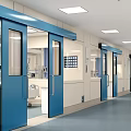Bright Hospital Corridor With Blue Automatic Doors White Walls And Ceiling Lights 3d model