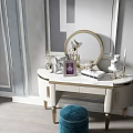 Elegant White Dressing Table with Gold Legs Round Mirror and Blue Velvet Stool