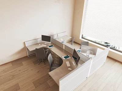 Modern Office Workspace With Partition Desk And Chair Set Computers Wooden Floor And Window Blinds 3d model