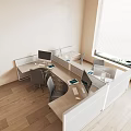 Modern Office Workspace With Partition Desk And Chair Set Computers Wooden Floor And Window Blinds