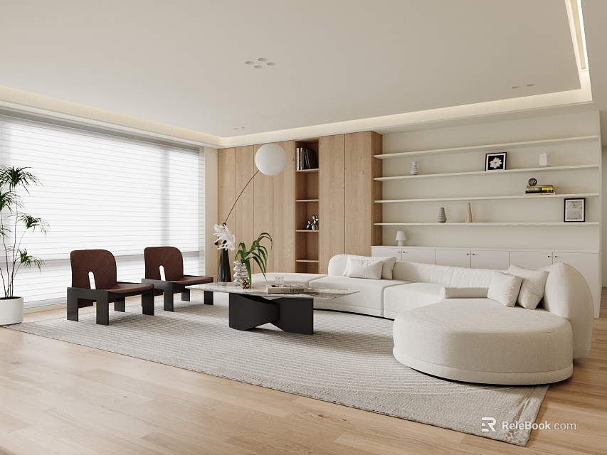 Modern Living Room Interior With White Sofa Round Ottoman Floor Lamp And Wooden Bookshelf 3d model 