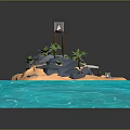 Cartoon Scenic Island Scene with Sandy Beach Palm Trees Wooden Pavilion and Turquoise Ocean Water