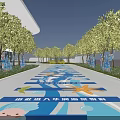 Decorative Floor Stickers On Road With Trees Blue Patterns And Cartoon Characters